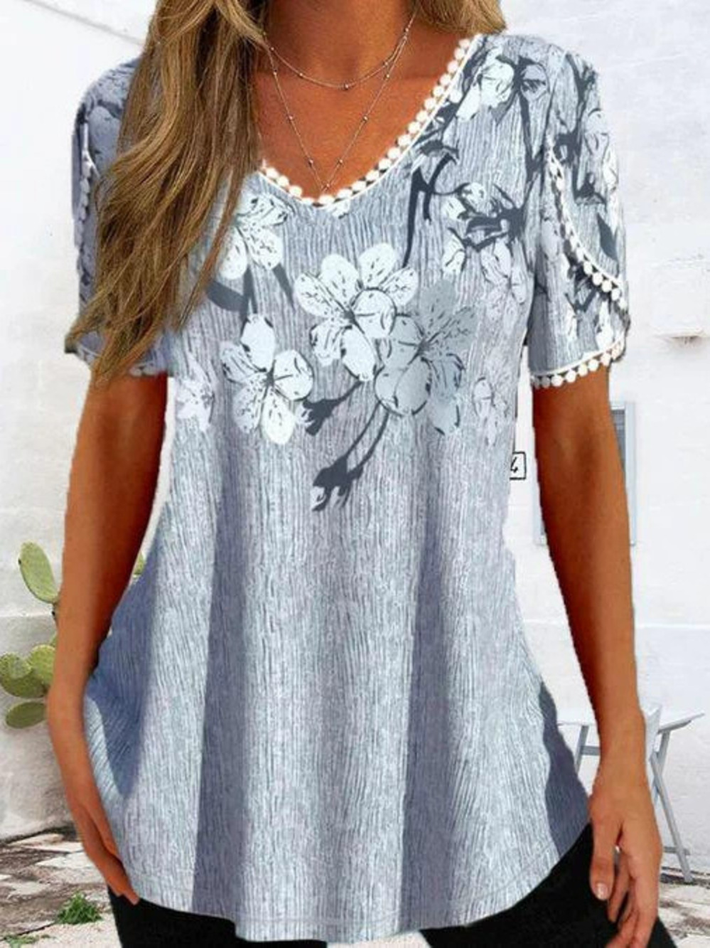 ZARA Summer Print Lace Trim Short Sleeve Casual Top